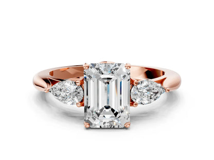 Three-Stone Emerald Cut Lab Diamond Solitaire Ring with Tapered Band and Four-Prong Setting| D VS1
