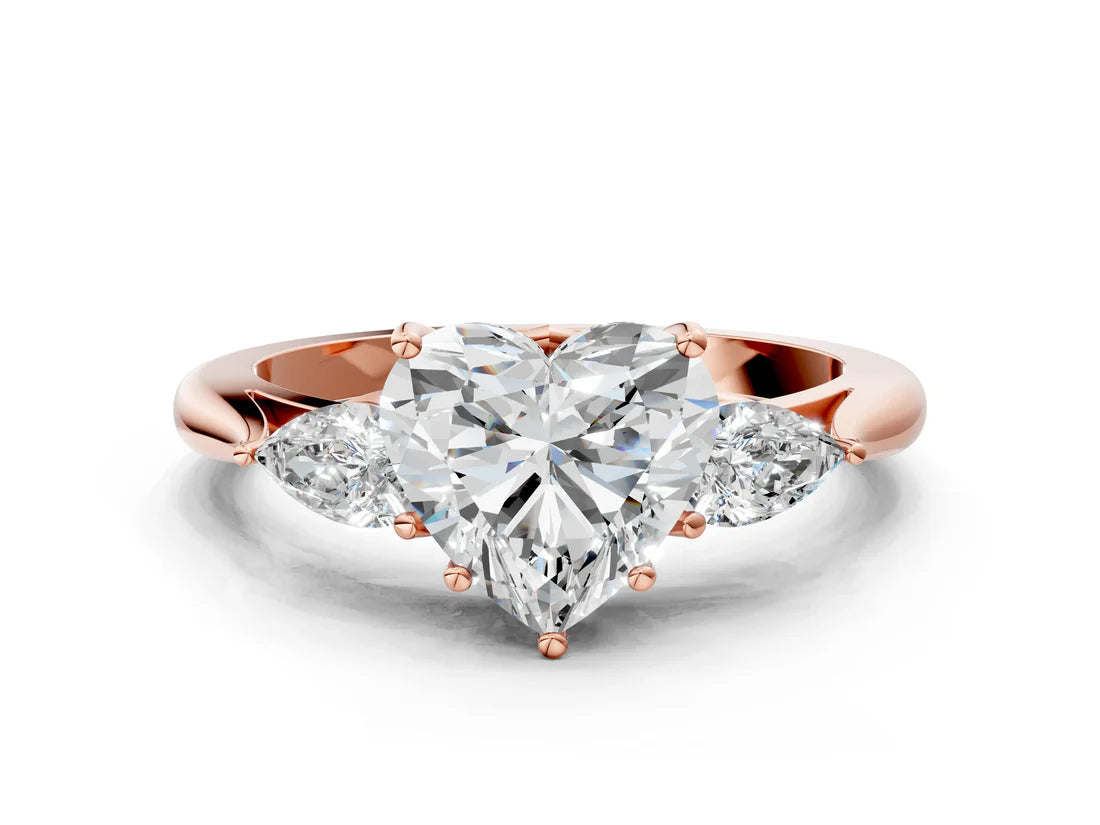 Three-Stone Heart Cut Lab Diamond Solitaire Ring with Tapered Band and Four-Prong Setting| D VS1