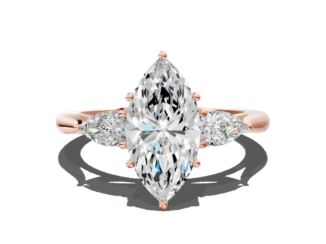 Three-Stone Marquise Cut Lab Diamond Solitaire Ring with Tapered Band and Four-Prong Setting| D VS1