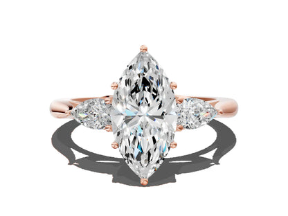 Three-Stone Marquise Cut Lab Diamond Solitaire Ring with Tapered Band and Four-Prong Setting| D VS1