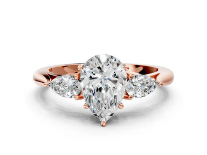 Three-Stone Pear Cut Lab Diamond Solitaire Ring with Tapered Band and Four-Prong Setting| D VS1