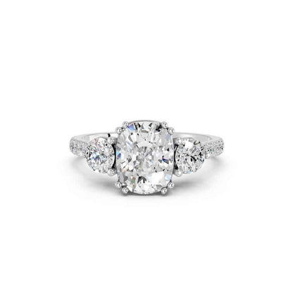 CUSHION THREE STONE WITH PAVE BAND