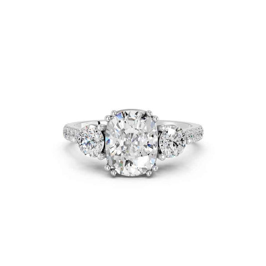 CUSHION THREE STONE WITH PAVE BAND
