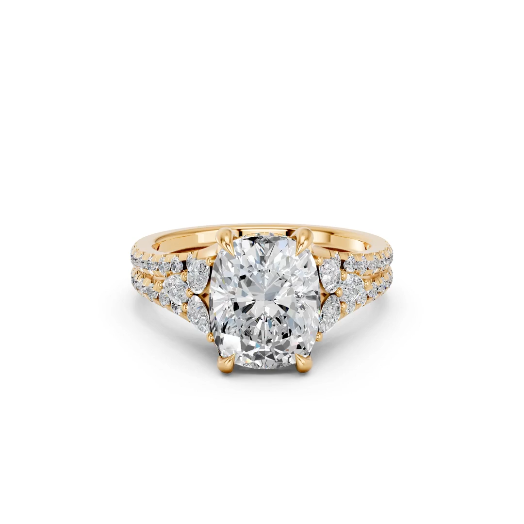 CUSHION RING WITH HIDDEN HALO AND PAVE BAND