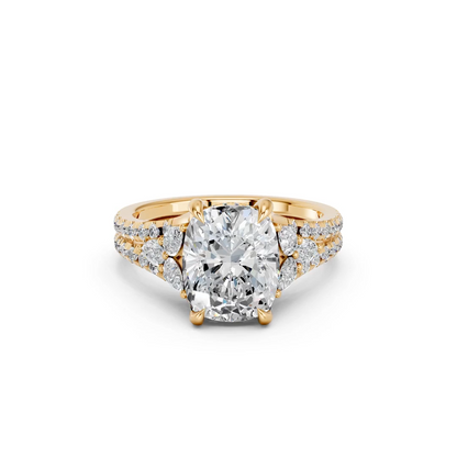 CUSHION RING WITH HIDDEN HALO AND PAVE BAND