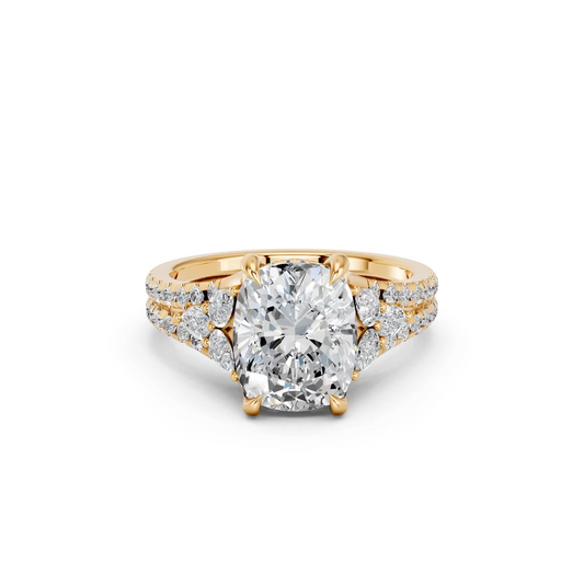 CUSHION RING WITH HIDDEN HALO AND PAVE BAND