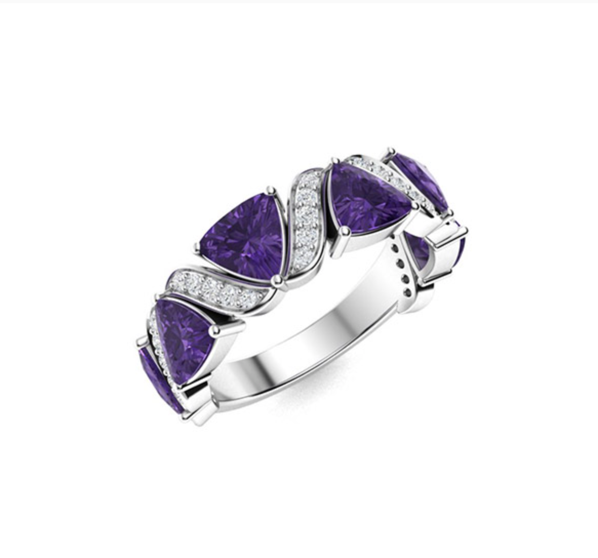 Triangle-cut Amethyst and Diamond Wedding Ring