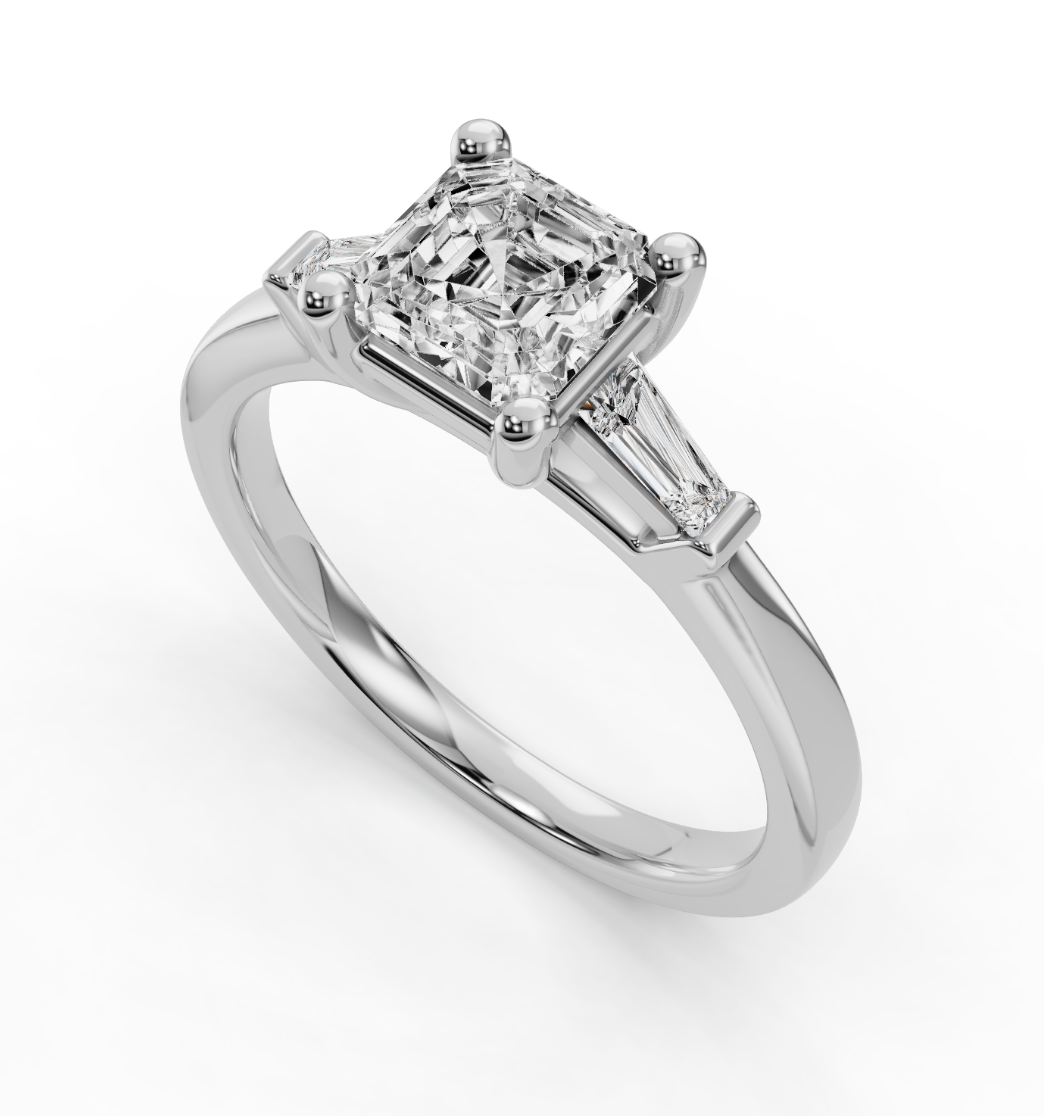 ASSCHER BAGUETTE THREE STONE RING