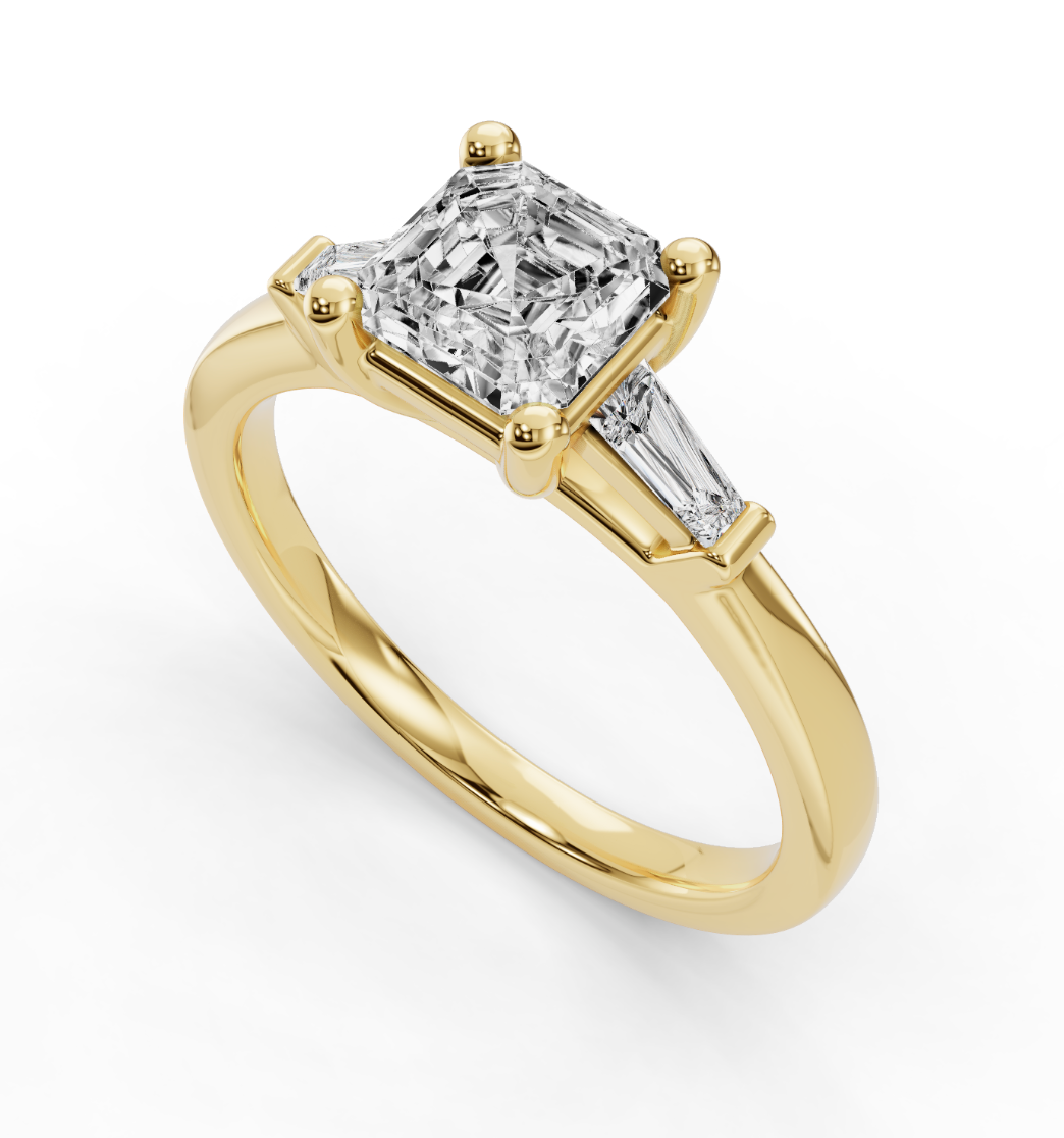 ASSCHER BAGUETTE THREE STONE RING