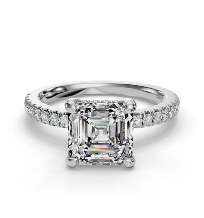 Asscher Cut Hidden Halo Lab Grown Diamond Engagement Ring with Pave Band| D VS1