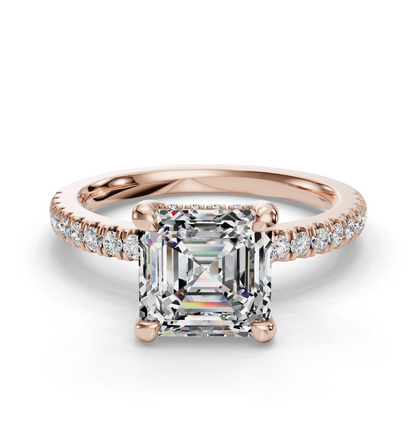 Asscher Cut Hidden Halo Lab Grown Diamond Engagement Ring with Pave Band| D VS1