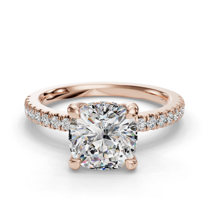 Cushion  Cut Hidden Halo Lab Grown Diamond Engagement Ring with Pave Band| D VS1