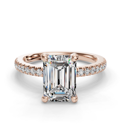 Emerald Cut Hidden Halo Lab Grown Diamond Engagement Ring with Pave Band| D VS1