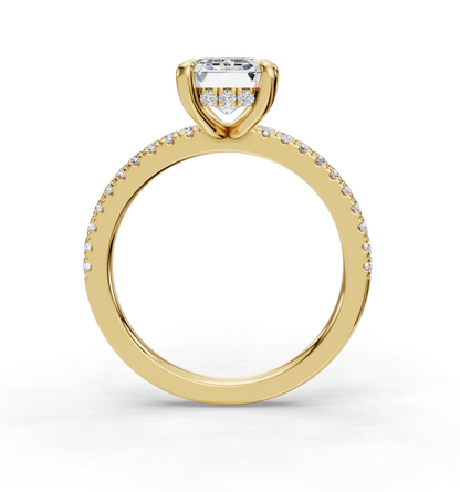 Emerald Cut Hidden Halo Lab Grown Diamond Engagement Ring with Pave Band| D VS1