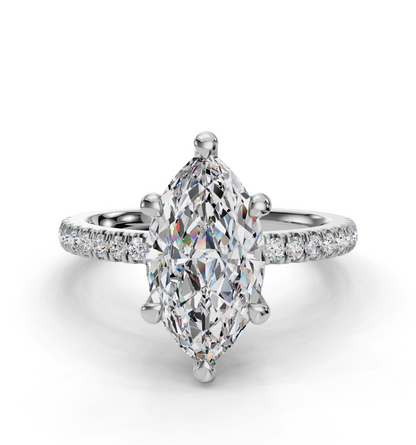 Marquise Cut Hidden Halo Lab Grown Diamond Engagement Ring with Pave Band| D VS1