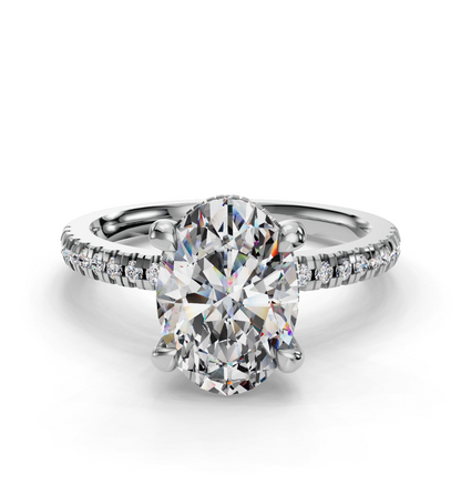 Oval Cut Hidden Halo Lab Grown Diamond Engagement Ring with Pave Band| D VS1