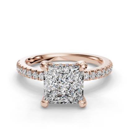 Princess Cut Hidden Halo Lab Grown Diamond Engagement Ring with Pave Band| D VS1
