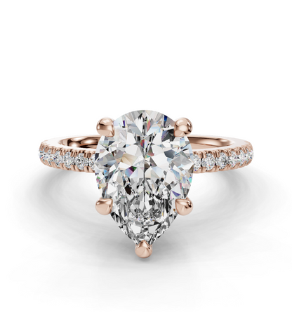 Pear Cut Hidden Halo Lab Grown Diamond Engagement Ring with Pave Band| D VS1