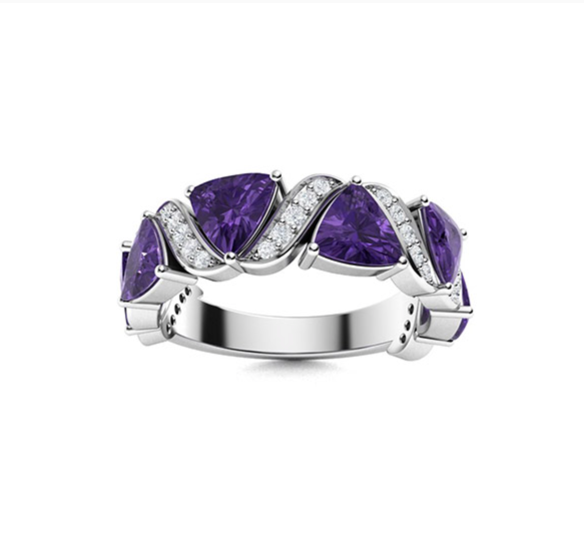 Triangle-cut Amethyst and Diamond Wedding Ring