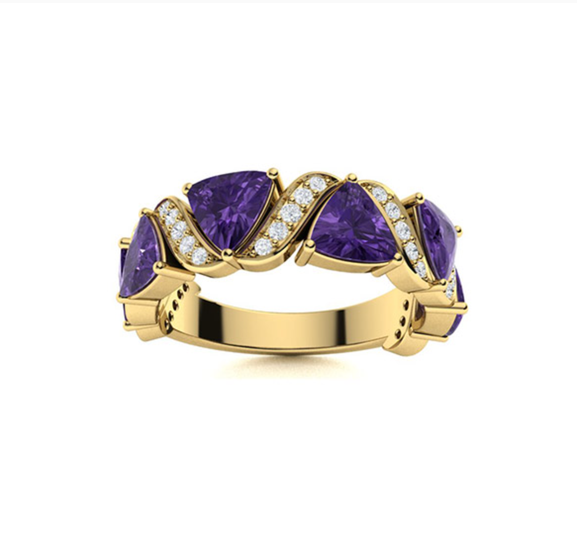 Triangle-cut Amethyst and Diamond Wedding Ring