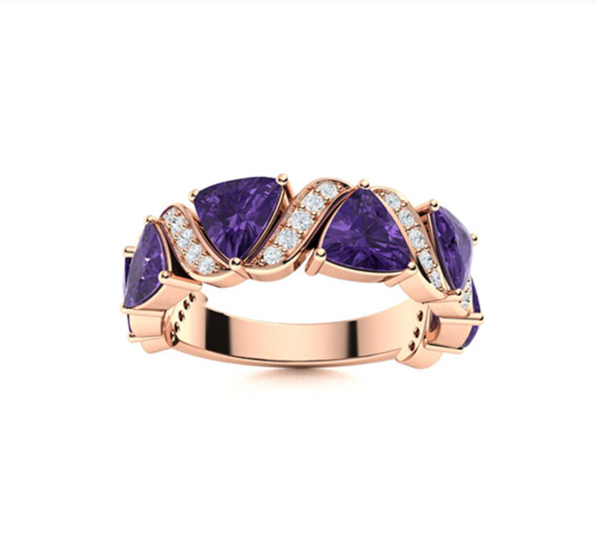 Triangle-cut Amethyst and Diamond Wedding Ring