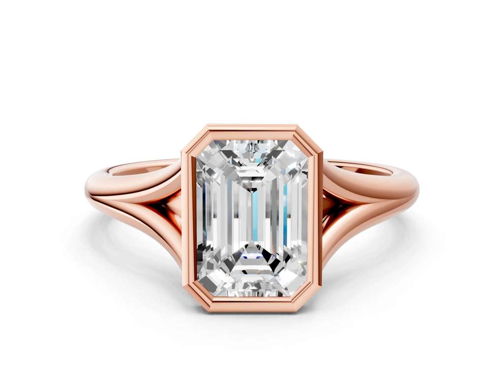 Emerald Cut Bezel Set Lab Grown Diamond Engagement Ring with Split Shank| D VS1