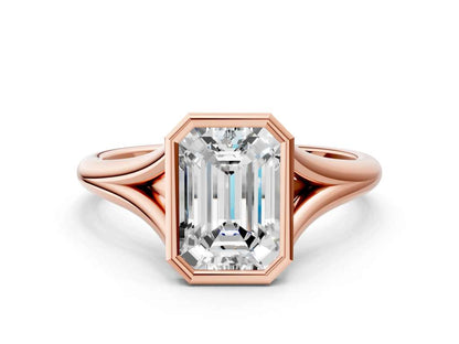 Emerald Cut Bezel Set Lab Grown Diamond Engagement Ring with Split Shank| D VS1