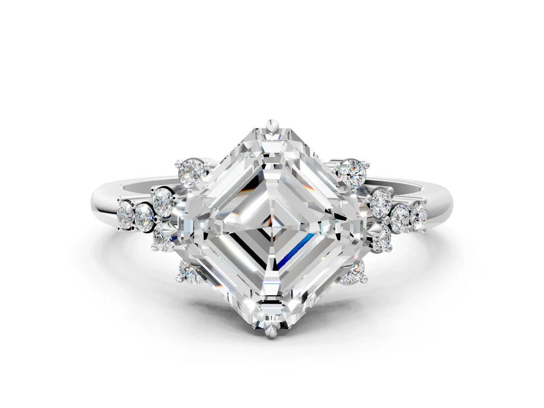 Asscher Cut Lab Diamond Ring with Side Stones and Four-Prong Setting| D VS1