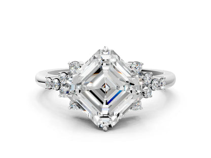 Asscher Cut Lab Diamond Ring with Side Stones and Four-Prong Setting| D VS1