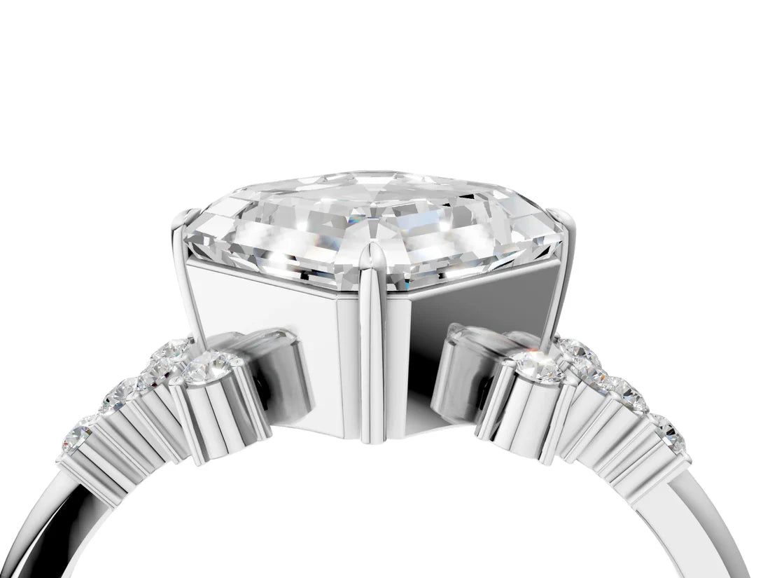Asscher Cut Lab Diamond Ring with Side Stones and Four-Prong Setting| D VS1