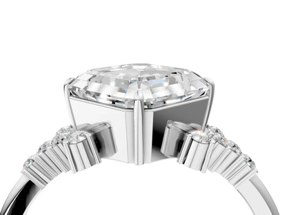 Asscher Cut Lab Diamond Ring with Side Stones and Four-Prong Setting| D VS1