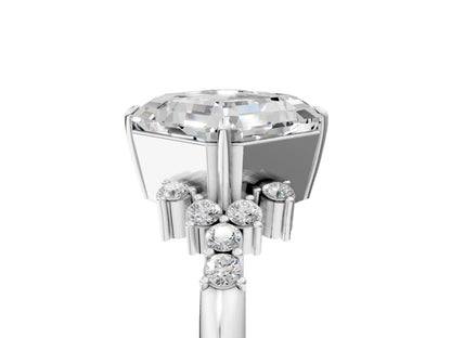 Asscher Cut Lab Diamond Ring with Side Stones and Four-Prong Setting| D VS1