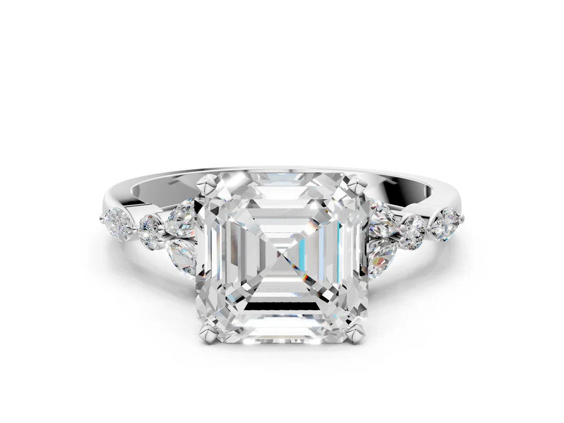 Asscher Cut Lab Diamond Solitaire Ring with Side Stones and Four-Prong Setting| D VS1