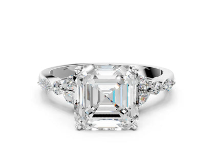 Asscher Cut Lab Diamond Solitaire Ring with Side Stones and Four-Prong Setting| D VS1