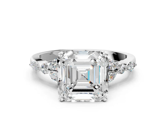 Asscher Cut Lab Diamond Solitaire Ring with Side Stones and Four-Prong Setting| D VS1