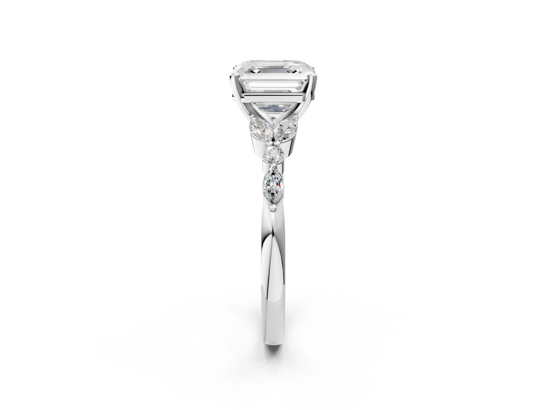 Asscher Cut Lab Diamond Solitaire Ring with Side Stones and Four-Prong Setting| D VS1