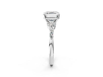 Asscher Cut Lab Diamond Solitaire Ring with Side Stones and Four-Prong Setting| D VS1