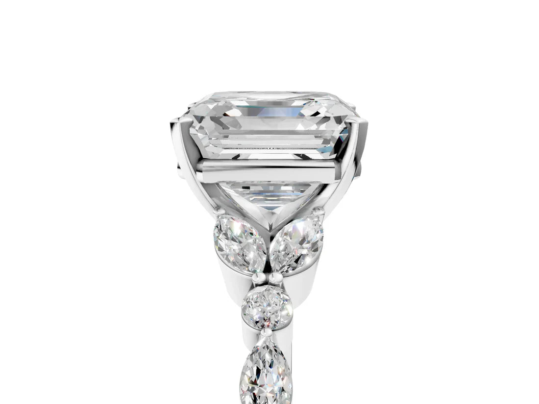 Asscher Cut Lab Diamond Solitaire Ring with Side Stones and Four-Prong Setting| D VS1