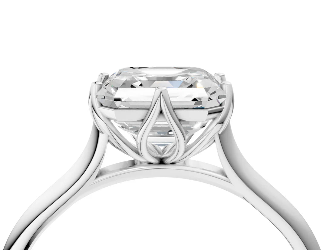 Asscher Cut Lab Diamond Solitaire Ring with Flower Prong Setting and Classic Band| D VS1