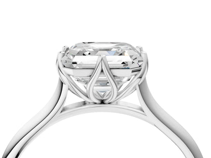Asscher Cut Lab Diamond Solitaire Ring with Flower Prong Setting and Classic Band| D VS1