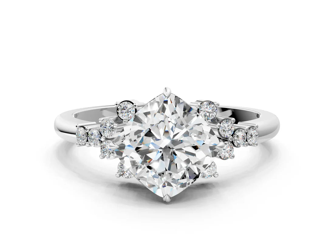 Cushion Cut Lab Diamond Ring with Side Stones and Four-Prong Setting| D VS1