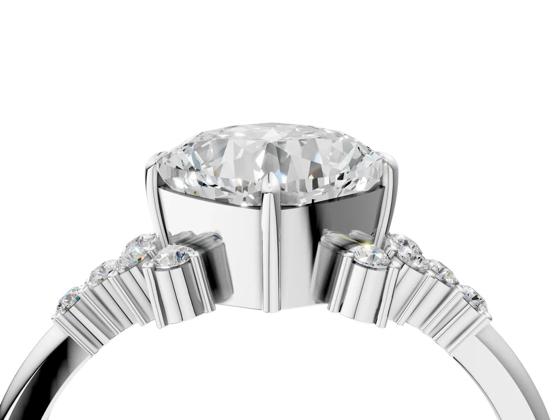 Cushion Cut Lab Diamond Ring with Side Stones and Four-Prong Setting| D VS1