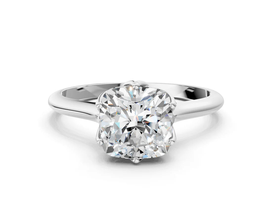 Cushion Cut Lab Diamond Solitaire Ring with Flower Prong Setting and Classic Band| D VS1