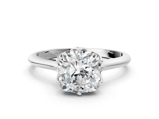 Cushion Cut Lab Diamond Solitaire Ring with Flower Prong Setting and Classic Band| D VS1