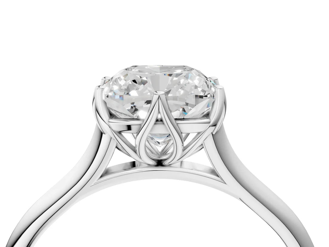 Cushion Cut Lab Diamond Solitaire Ring with Flower Prong Setting and Classic Band| D VS1