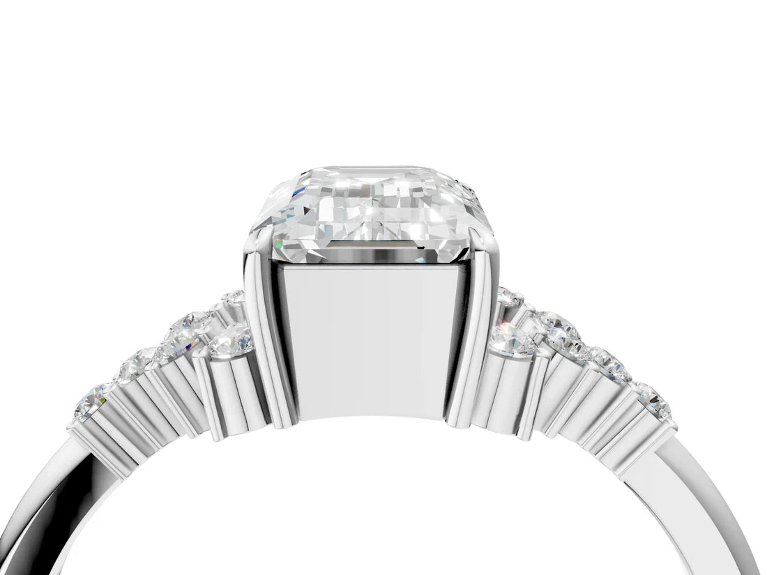 Emerald Cut Lab Diamond Ring with Side Stones and Four-Prong Setting| D VS1