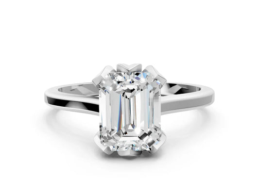 Emerald Cut Lab Diamond Solitaire Ring with Flower Prong Setting and Classic Band| D VS1