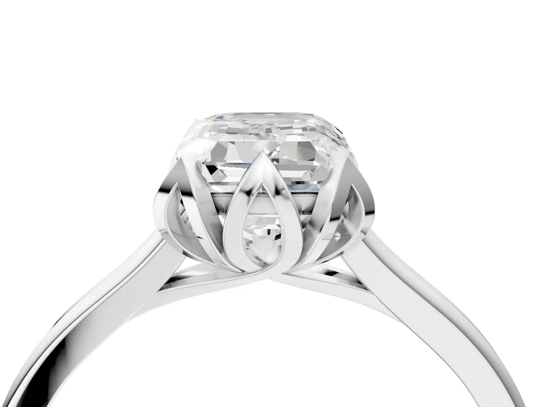 Emerald Cut Lab Diamond Solitaire Ring with Flower Prong Setting and Classic Band| D VS1
