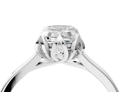 Emerald Cut Lab Diamond Solitaire Ring with Flower Prong Setting and Classic Band| D VS1