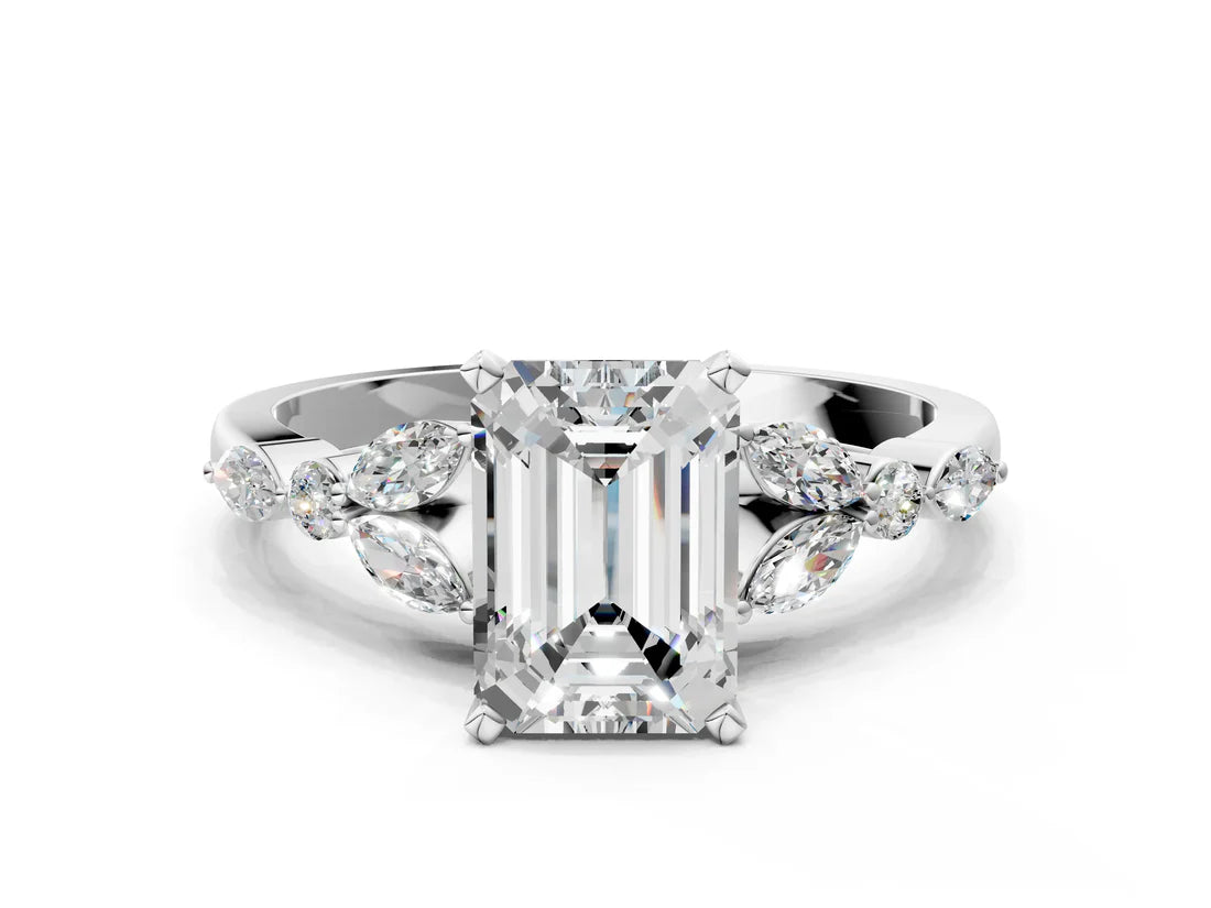 Emerald Cut Lab Diamond Solitaire Ring with Side Stones and Four-Prong Setting| D VS1